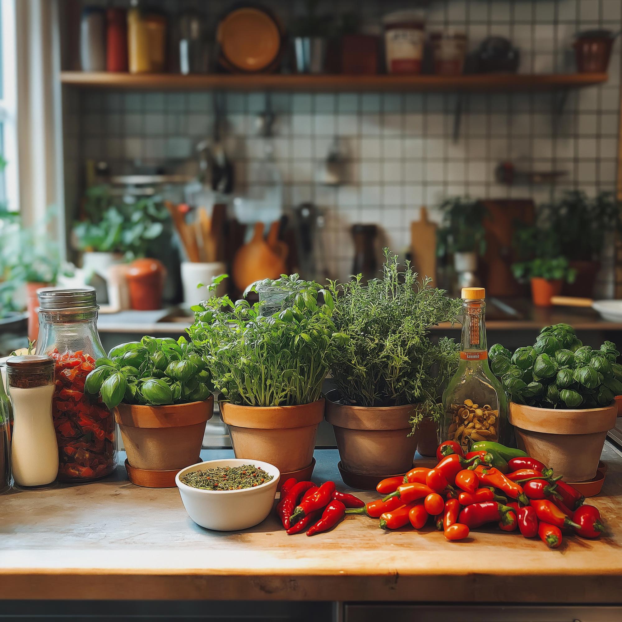 Small studio kitchen with pots and herbs